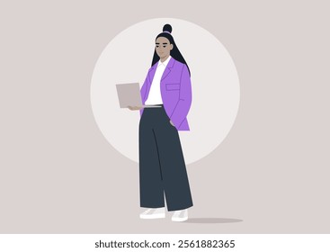 A trendsetting figure in a striking purple jacket stands poised with a laptop, embodying creativity and flair in a serene, pastel environment that inspires innovation