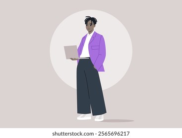 A trendsetting figure in a striking purple jacket stands poised with a laptop, embodying creativity and flair in a serene, pastel environment that inspires innovation