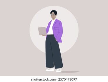 A trendsetting figure in a striking purple jacket stands poised with a laptop, embodying creativity and flair in a serene, pastel environment that inspires innovation