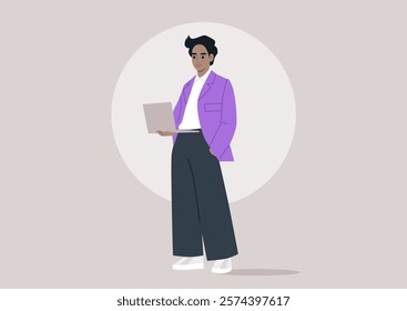 A trendsetting figure in a striking purple jacket stands poised with a laptop, embodying creativity and flair in a serene, pastel environment that inspires innovation