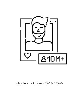 Trendando a un joven blogger con más de 10 millones de seguidores. Icono de línea de trazo de píxeles perfecto, modificable