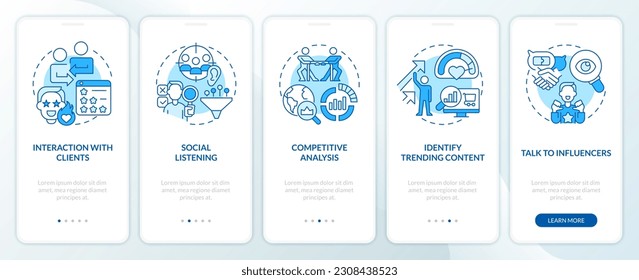 Trendspotting steps blue onboarding mobile app screen. New trend walkthrough 5 steps editable graphic instructions with linear concepts. UI, UX, GUI template. Myriad Pro-Bold, Regular fonts used