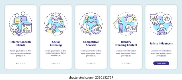 Sugerencias de localización de tendencias en la pantalla de aplicaciones móviles. Recorrido de análisis de mercado 5 pasos instrucciones gráficas editables con conceptos lineales. UI, UX, plantilla GUI. Multitud de tipos de letra Pro-Bold, con uso regular
