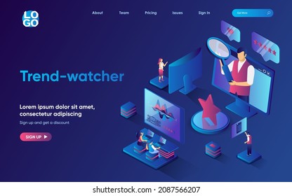 Trend-watcher concept isometric landing page. Team making marketing research of new trends and content, analyzes data, 3d web banner template. Vector illustration with people scene in flat design