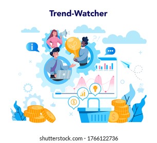 Trendwatcher concept. Specialist in tracking the emergence of new business trends. Business strategy and project management. Vector illustration in flat style