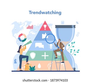Concepto de Trendwatcher. Especialista en el seguimiento de la aparición de nuevas tendencias empresariales. Estrategia empresarial y gestión de proyectos. Ilustración vectorial en estilo plano