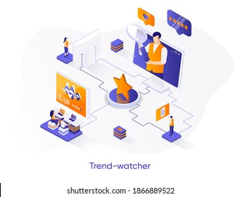 Trend-watcher isometric web banner. Professional trend watching occupation isometry concept. Marketing research and data analysis 3d scene, flat design. Vector illustration with people characters.