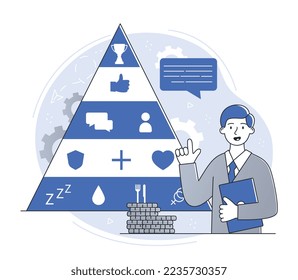 Servicio en línea Trendwatcher. Hombre con bloc de notas en el fondo de la pirámide de necesidades, el carácter evalúa el contenido. SEO IT SMM especialista, concepto de promoción de sitios web. Dibujo vectorial plano de dibujos animados
