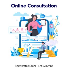 Servicio o plataforma en línea Trendwatcher. Consulta. Especialista en el seguimiento de la aparición de nuevas tendencias empresariales. Ilustración vectorial en estilo plano
