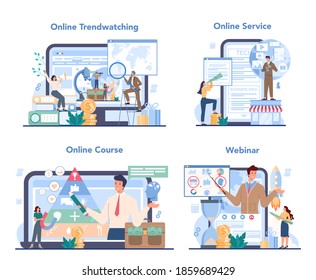 Servicio en línea Trendwatcher o conjunto de plataformas. Especialista en el seguimiento de la aparición de nuevas tendencias empresariales. Seguimiento de tendencias en línea, por supuesto, seminario web. Ilustración vectorial en estilo plano