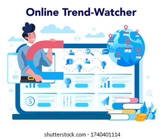 Servicio o plataforma en línea Trendwatcher. Sitio web. Especialista en el seguimiento de la aparición de nuevas tendencias empresariales. Ilustración vectorial en estilo plano