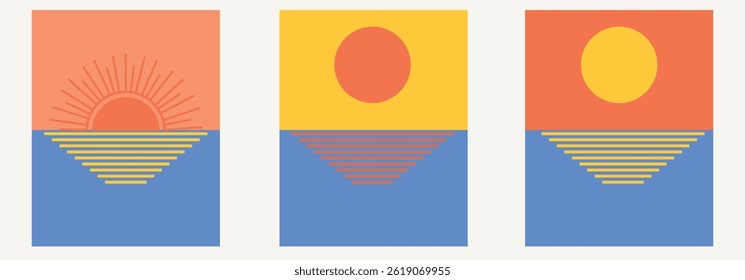 Trendy 1970s retro summer poster. Set of three minimalist sunset illustrations with sun mountains and sea in bold colors