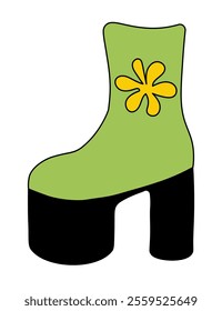 Trendy 1980 retro disco green boot with flower. Vintage shoe. Vector flat illustration.