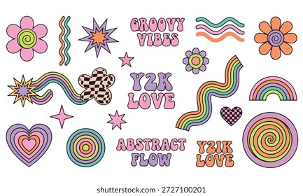 Paquete de elementos nostálgicos de moda de la década de 2000: flores hippie pastel e iconos de tablero de ajedrez