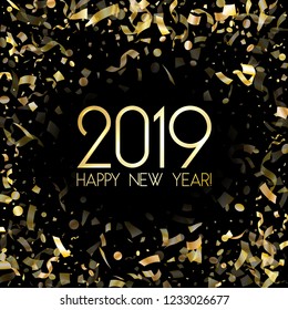 Trendy 2019 Happy New Year card, gold confetti. Foil texture gold glitter confetti sparkles backdrop, 2019 greeting card, banner or party poster design with wishes of happiness in New Year.