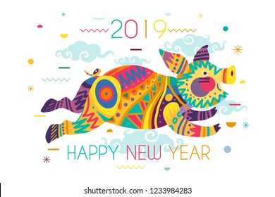 Trendy 2019 New Year congratulation illustration with pig in clouds in memphis and tribal style