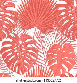 Trendy 2019 year color background. Coral tropical leaves seamless pattern. Texture for cards, hand drawn stroks backdrop invitations, posters, cards. Vector illustration stock vector.