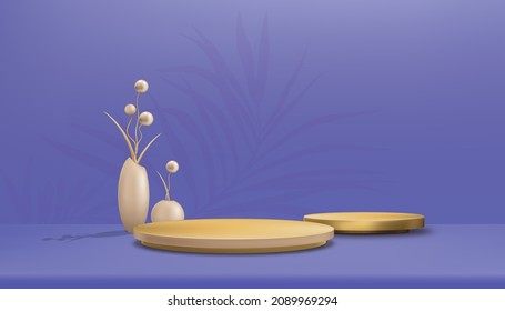 Trendy 2022 Very Peri color. Purple Background Studio room with cylinder podium and peach gold balls in vase,Vector 3D Gallery room with stand and palm leaves on wall background.