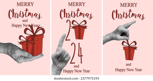 
Trendy 2024 Christmas banner with Halftone hand with XMAS gift box. Nostalgia art with grunge element. Set Retro Christmas Poster for Social Media. Vector illustration.