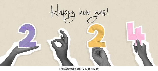 Trendy 2024 New Year banner design in collage style. Hands holding numbers .Holiday concept.Vector illustration for poster, banner or greeting card 