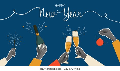 Trendy 2024 New Year banner design in collage style. Hands holding numbers .Holiday concept.Vector illustration for poster, banner or greeting card