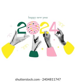Trendy 2024 New Year banner design in mixed media collage style. Halftone Hands holding numbers and mirror ball. Winter Holiday celebration concept. Vector illustration for poster or greeting card