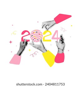 Trendy 2024 New Year banner design in mixed media collage style. Halftone Hands holding numbers and mirror ball. Winter Holiday celebration concept. Vector illustration for poster or greeting card