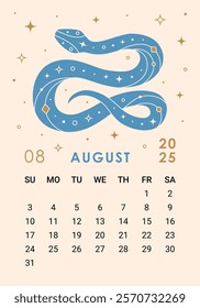 Trendy 2025 calendar page for August with blue snake. Week starts on Sunday. Perfect for desk or wall calendars, planners, or promotional materials, corporate calendars for the Year of the Snake