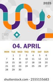 Trendy 2025 calendar page in Bauhaus style for April with a colorful geometric serpent and bold text. Perfect for desk or wall calendars, planners, or promotional materials for the Year of the Snake