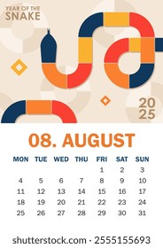 Trendy 2025 calendar page in Bauhaus style for August with a colorful geometric serpent and bold text. Perfect for desk or wall calendars, planners, or promotional materials for the Year of the Snake