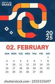 Trendy 2025 calendar page in Bauhaus style for February with colorful geometric serpent and bold text. Perfect for desk or wall calendars, planners, or promotional materials for the Year of the Snake