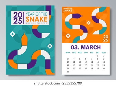 Trendy 2025 calendar page in Bauhaus style for March with a colorful geometric serpent and bold text. Perfect for desk or wall calendars, planners, or promotional materials for the Year of the Snake