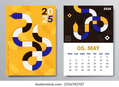 Trendy 2025 calendar page in Bauhaus style for May with a colorful geometric serpent and bold text. Perfect for desk or wall calendars, planners, or promotional materials for the Year of the Snake