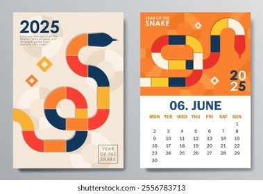 Trendy 2025 calendar page in Bauhaus style for June with a colorful geometric serpent and bold text. Perfect for desk or wall calendars, planners, or promotional materials for the Year of the Snake