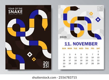 Trendy 2025 calendar page in Bauhaus style for November with colorful geometric serpent and bold text. Perfect for desk or wall calendars, planners, or promotional materials for the Year of the Snake