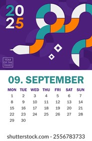 Trendy 2025 calendar page in Bauhaus style for September with colorful geometric serpent and bold text. Perfect for desk or wall calendars, planners, or promotional materials for the Year of the Snake