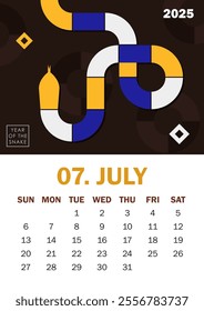 Trendy 2025 calendar page in Bauhaus style for July with a colorful geometric serpent and bold text. Perfect for desk or wall calendars, planners, or promotional materials for the Year of the Snake