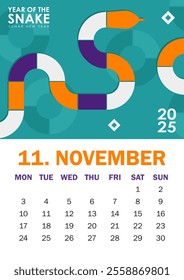 Trendy 2025 calendar page in Bauhaus style for November with colorful geometric serpent and bold text. Perfect for desk or wall calendars, planners, or promotional materials for the Year of the Snake