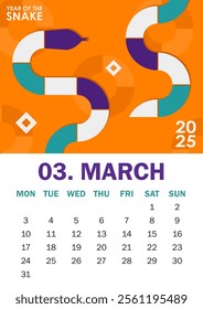 Trendy 2025 calendar page in Bauhaus style for March with a colorful geometric serpent and bold text. Perfect for desk or wall calendars, planners, or promotional materials for the Year of the Snake