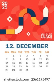 Trendy 2025 calendar page in Bauhaus style for December with colorful geometric serpent and bold text. Perfect for desk or wall calendars, planners, or promotional materials for the Year of the Snake