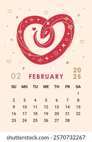 Trendy 2025 calendar page for February with red heart shaped snake. Week starts on Sunday. Perfect for desk or wall calendars, planners, or promotional materials, corporate calendars for the Year of