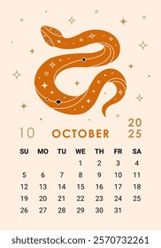 Trendy 2025 calendar page for October with orange snake. Week starts on Sunday. Perfect for desk or wall calendars, planners, or promotional materials, corporate calendars for the Year of the Snake