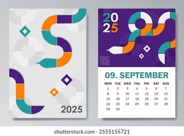 Trendy 2025 calendar pages in Bauhaus style for September with colorful geometric serpent and bold text. Perfect for desk or wall calendars, planners, or promotional material for the Year of the Snake