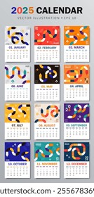 Trendy 2025 calendar pages in Bauhaus style with a colorful geometric serpent and bold text. Perfect for desk or wall calendars, planners, promotional materials for the Year of the Snake