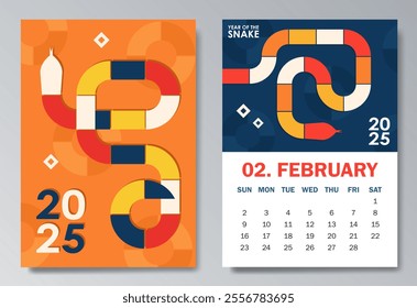 Trendy 2025 calendar pages in Bauhaus style for February with colorful geometric serpent and bold text. Perfect for desk or wall calendars, planners, or promotional materials for the Year of the Snake