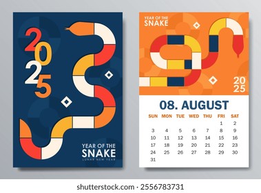 Trendy 2025 calendar pages in Bauhaus style for December with colorful geometric serpent and bold text. Perfect for desk or wall calendars, planners, or promotional materials for the Year of the Snake