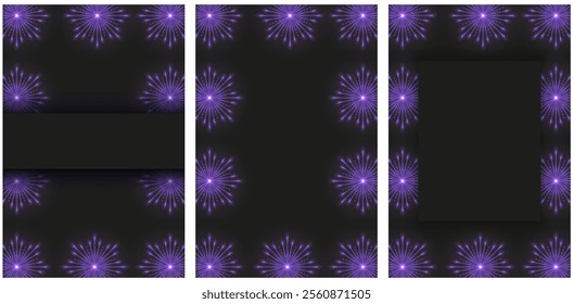 Trendy 2025 color New Year postcard cover template design. Firework Frame with Blank space for text. Festive vector background collection with copy sapce.   