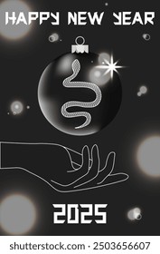 Trendy 2025 new year greeting postcard cover design with shine glare. Chinese new year poster. Luxury overlay template festive vector aesthetic. EPS 10
