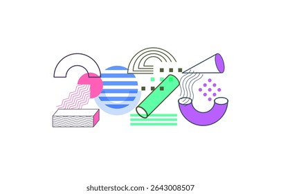 Trendy 2026 Happy New Year Design with Abstract Geometric Shapes and Memphis Style Elements. Great for Holiday Cards, Social Media, Posters, and Seasonal Graphics. Vector Illustration