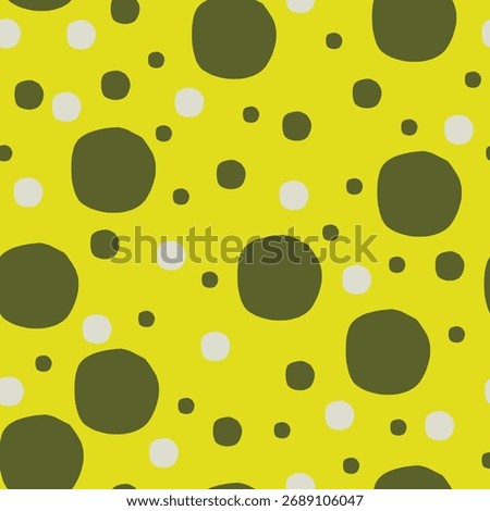 Trendy 2026 polka dot pattern with bold olive-green circles on a bright yellow background. A modern, playful, and energetic design perfect for fashion, textiles, and accessories